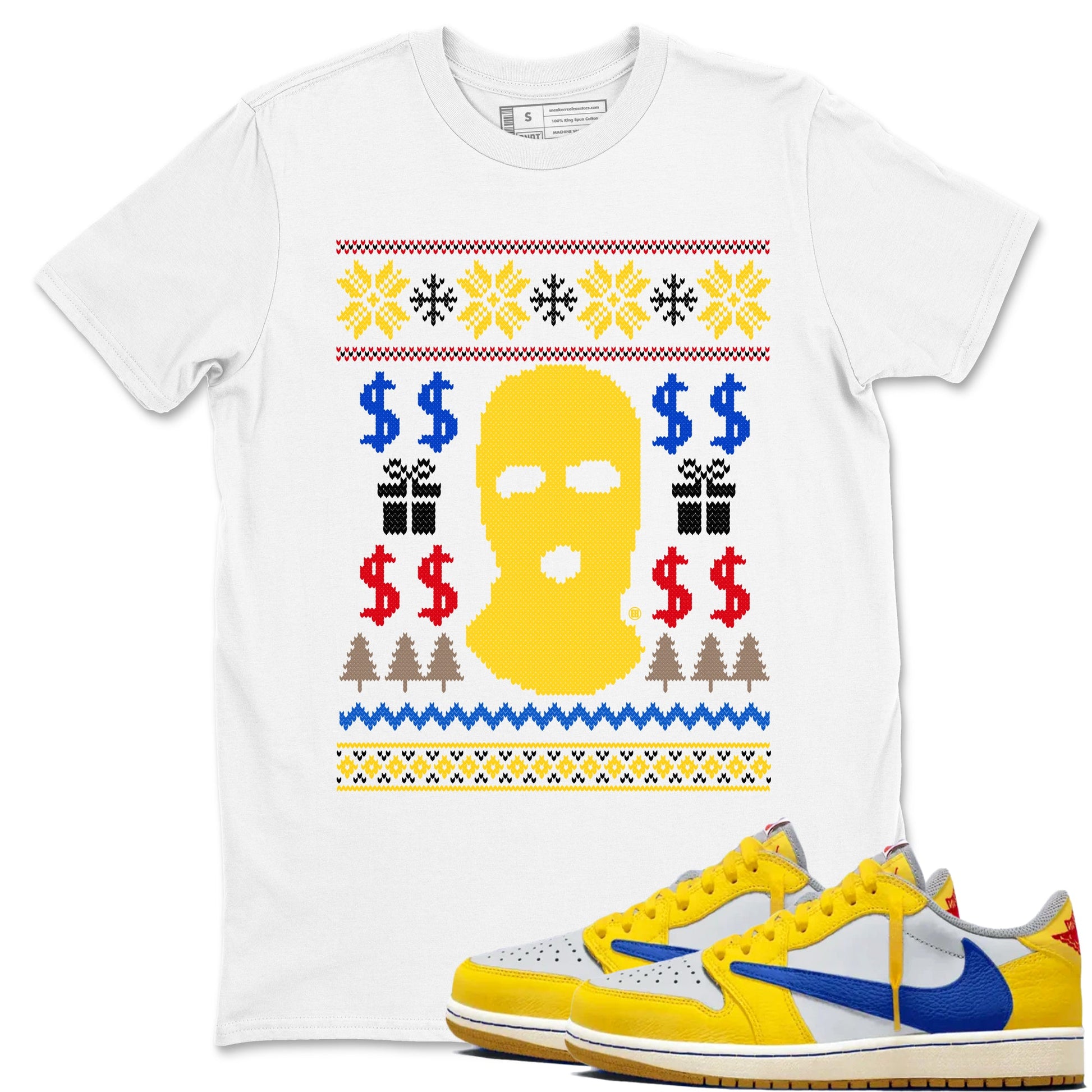 1s Travis Scott Canary shirts to match jordans Gangster Ugly Sweater sneaker match tees Air Jordan 1 Low OG Travis Scott Canary match shoes to clothes SNRT Sneaker Tees unisex cotton White 1 shirts