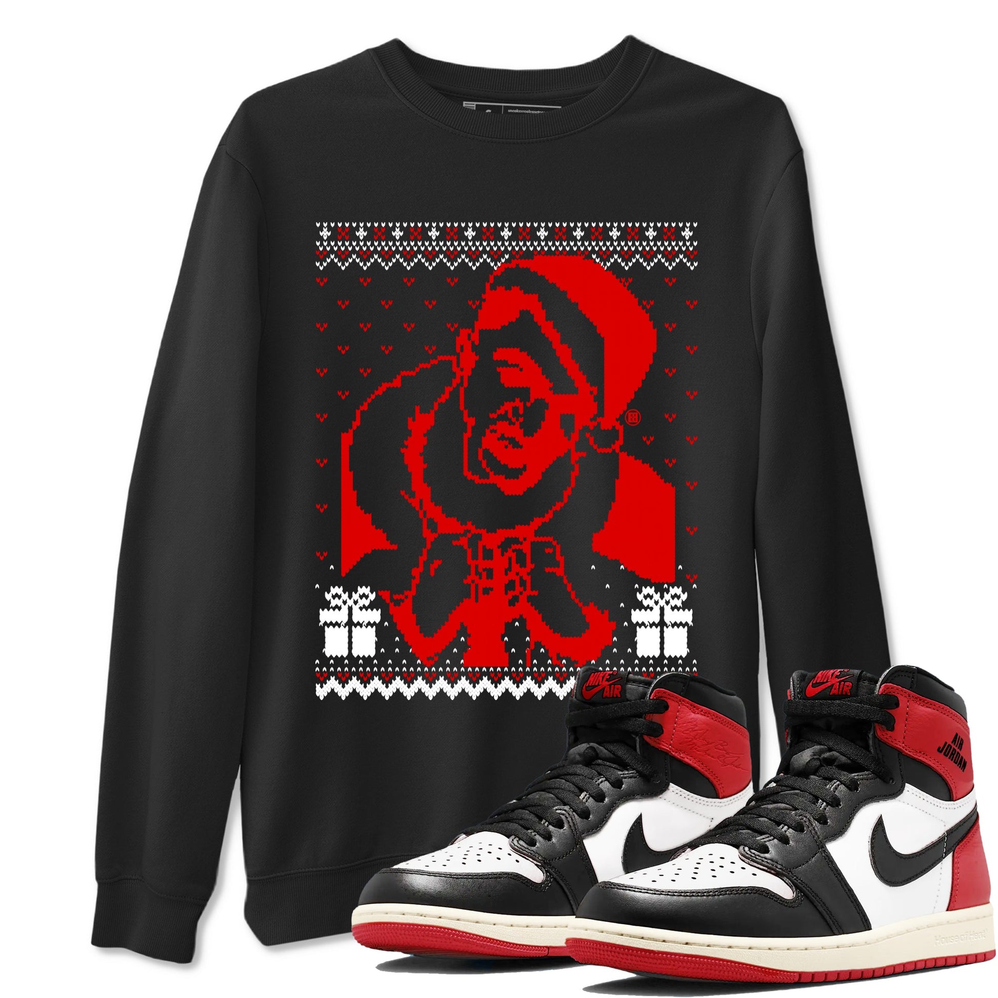 1s Black Toe Reimagined shirts to match jordans X Mas Gift Christmas Gangster Wrapper sneaker match tees Air Jordan 1 High OG Black Toe Reimagined match shoes to clothes SNRT Sneaker Tees unisex cotton Black 1 shirts
