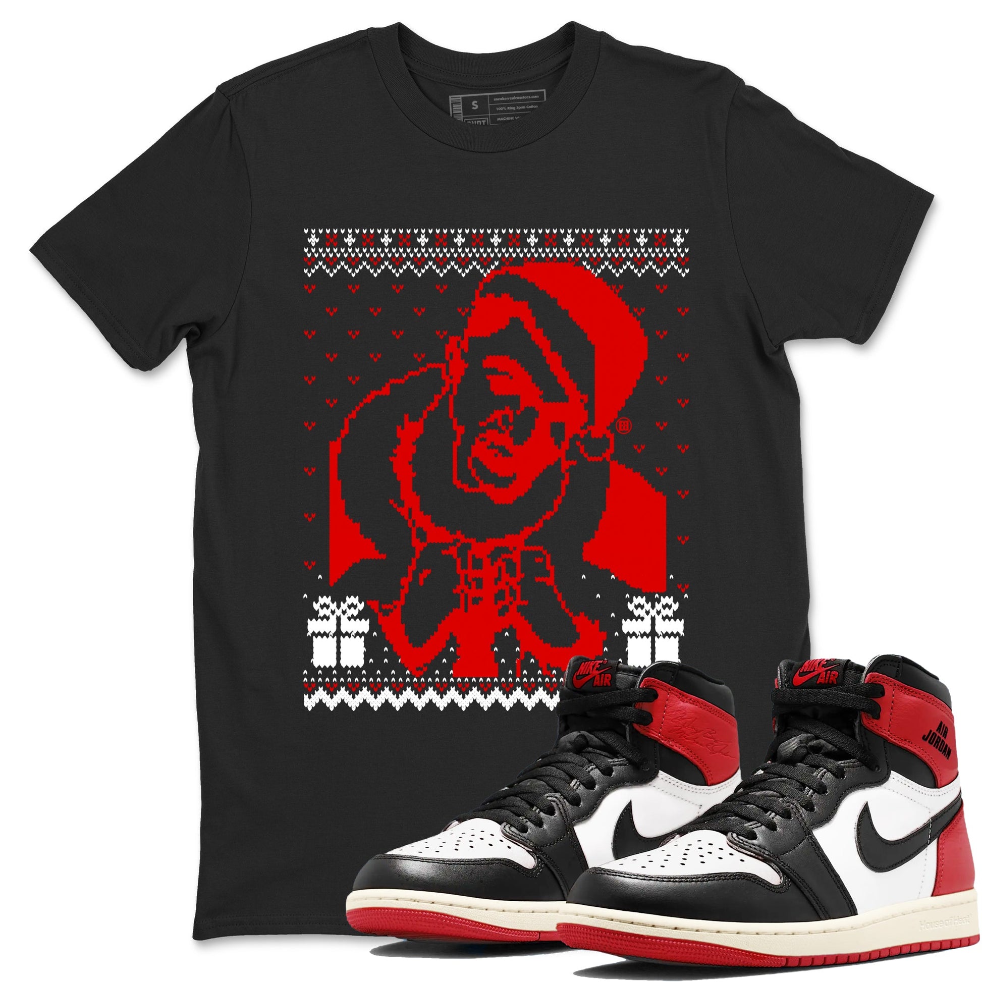 1s Black Toe Reimagined shirts to match jordans X Mas Gift Christmas Gangster Wrapper sneaker match tees Air Jordan 1 High OG Black Toe Reimagined match shoes to clothes SNRT Sneaker Tees unisex cotton Black 1 shirts