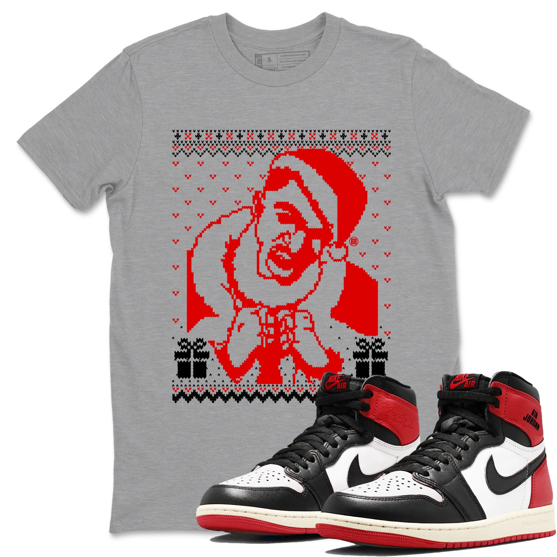1s Black Toe Reimagined shirts to match jordans X Mas Gift Christmas Gangster Wrapper sneaker match tees Air Jordan 1 High OG Black Toe Reimagined match shoes to clothes SNRT Sneaker Tees unisex cotton Heather Grey 1 shirts