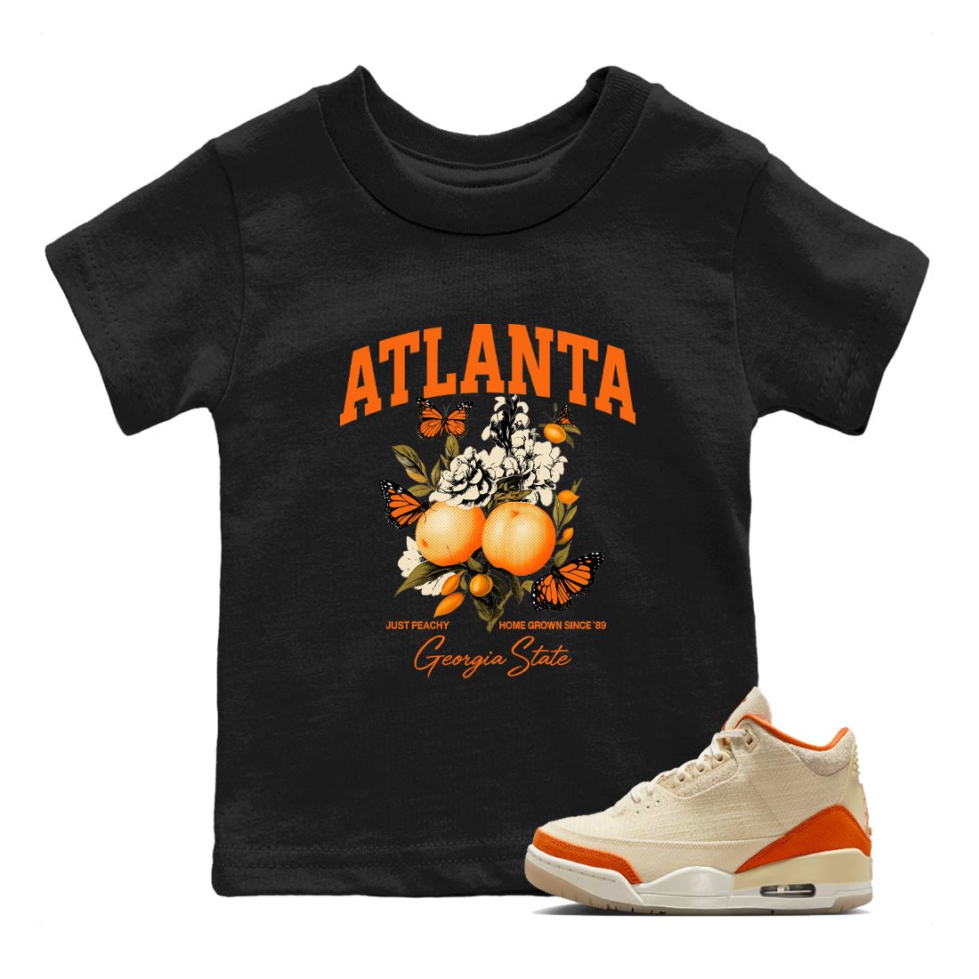 Georgia Peach baby and kids t-shirt crafted for little sneakerheads to shine with the Air Jordan 3 Starfish sneakers, displayed in Black 1.
