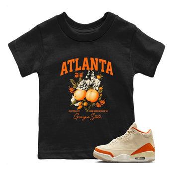 Georgia Peach baby and kids t-shirt crafted for little sneakerheads to shine with the Air Jordan 3 Starfish sneakers, displayed in Black 1.