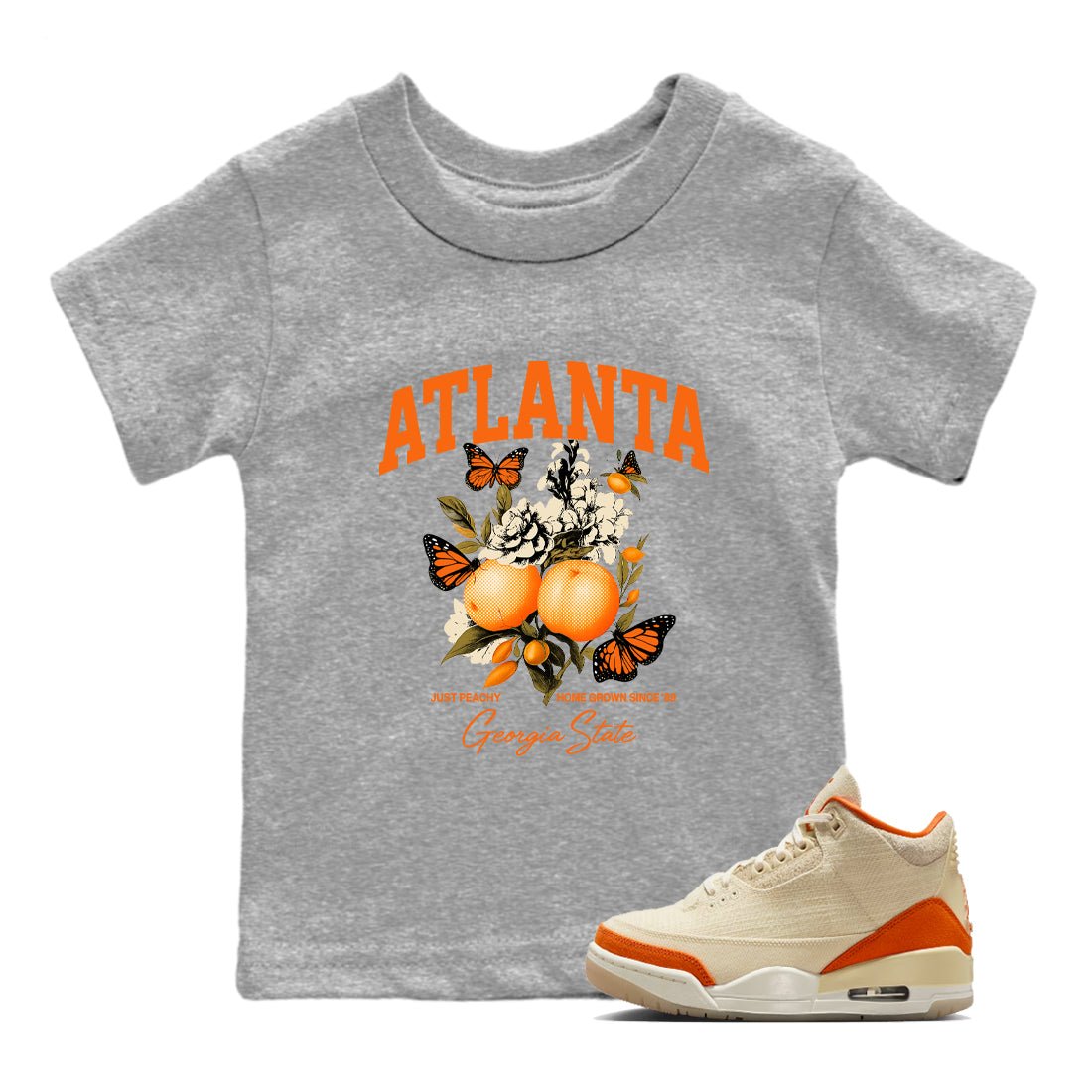 Georgia Peach baby and kids t-shirt crafted for little sneakerheads to shine with the Air Jordan 3 Starfish sneakers, displayed in Heather Grey 1.