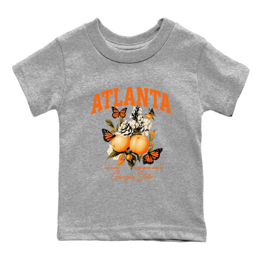 Georgia Peach baby and kids t-shirt crafted for little sneakerheads to shine with the Air Jordan 3 Starfish sneakers, displayed in Heather Grey 2.