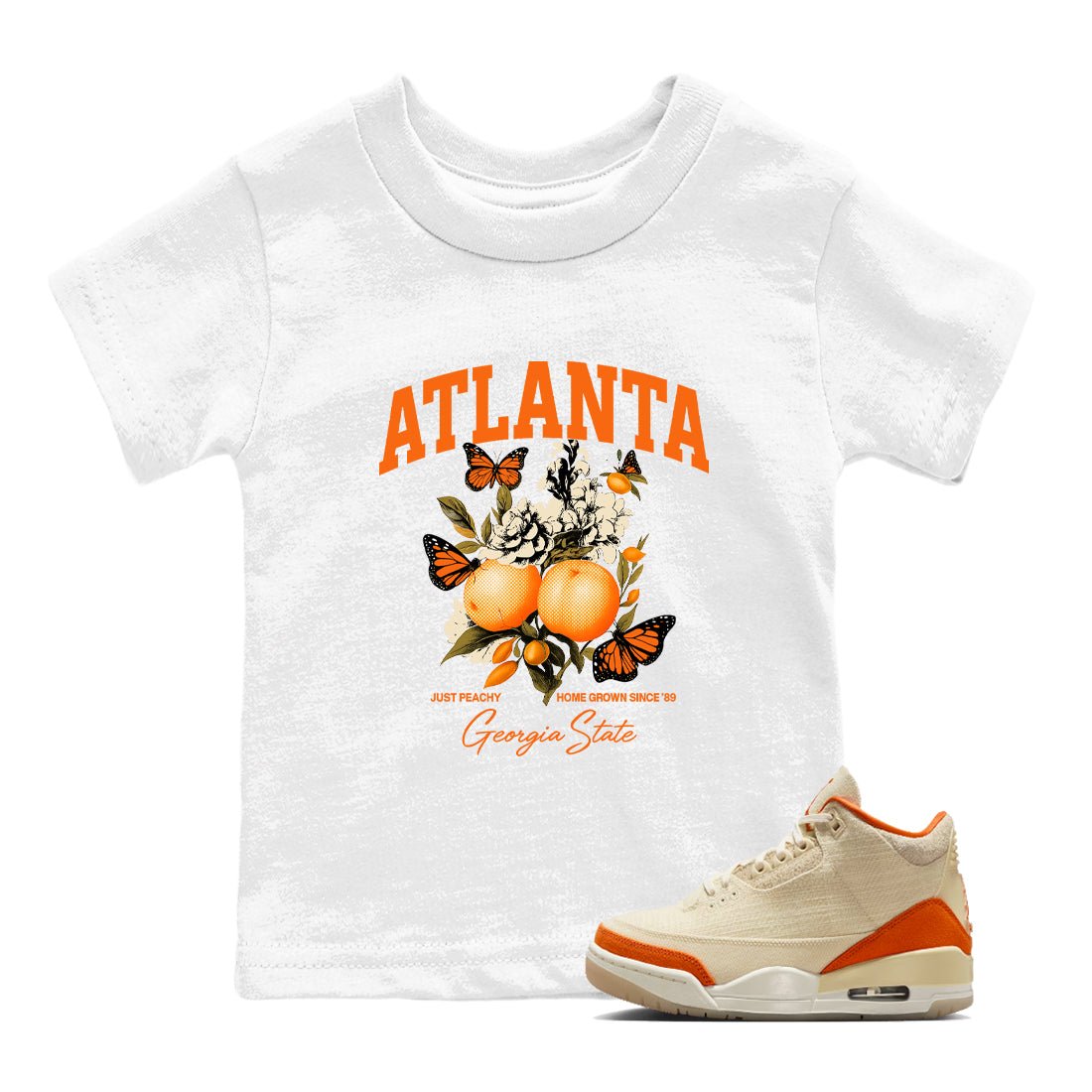 Georgia Peach baby and kids t-shirt crafted for little sneakerheads to shine with the Air Jordan 3 Starfish sneakers, displayed in White 1.