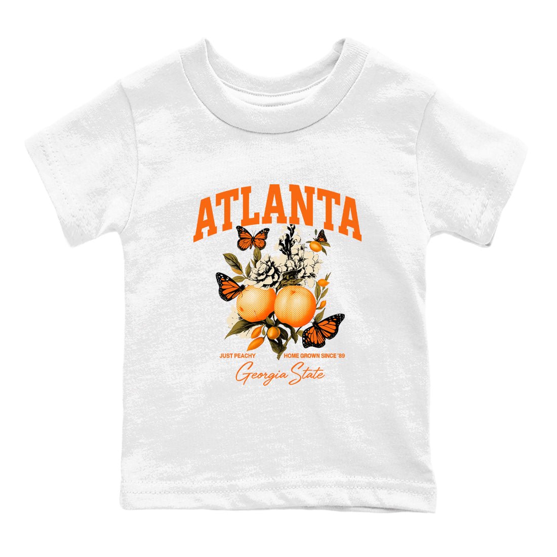 Georgia Peach baby and kids t-shirt crafted for little sneakerheads to shine with the Air Jordan 3 Starfish sneakers, displayed in White 2.