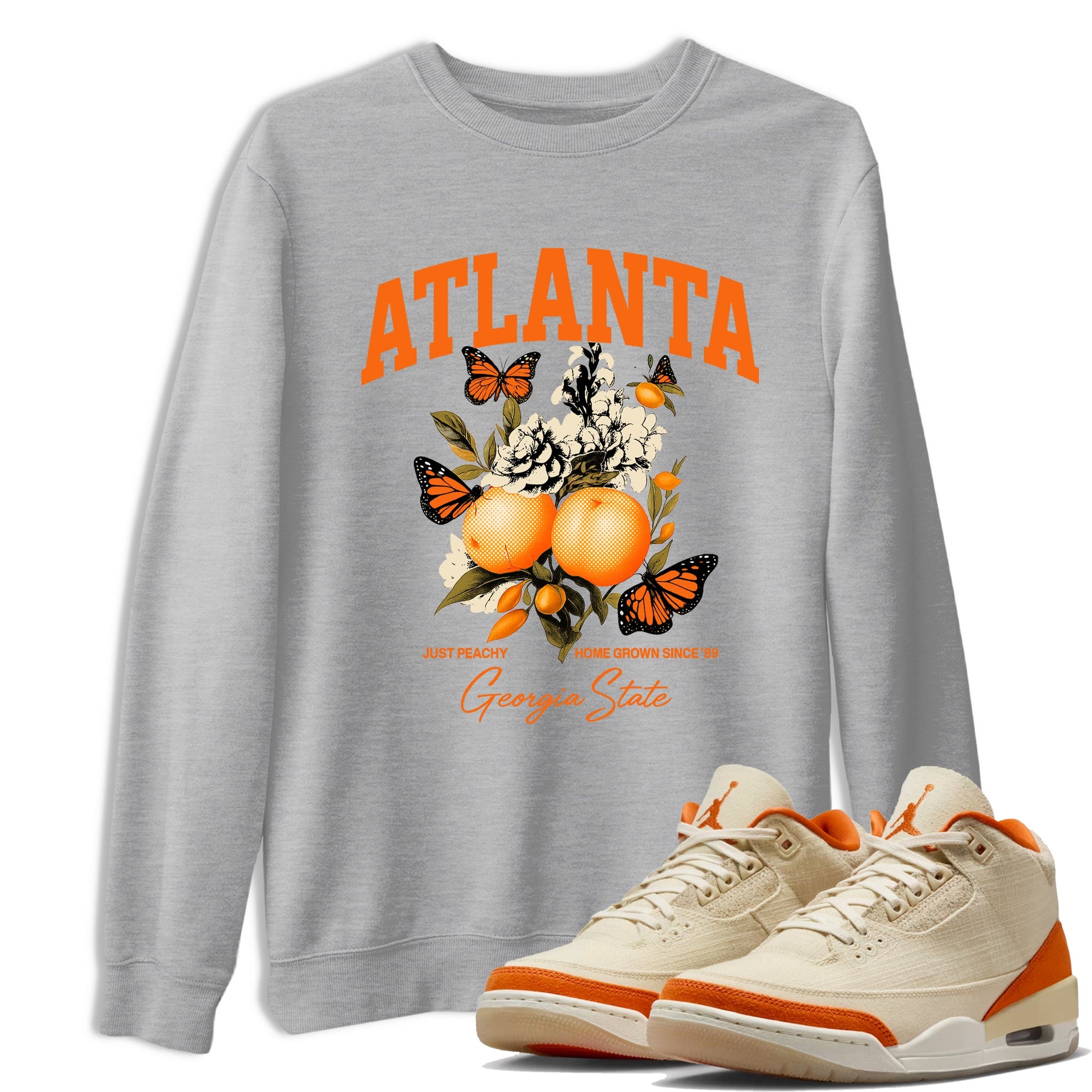 Georgia Peach sneaker match t-shirt styled to complete your fit with the Air Jordan 3 Starfish sneakers, shown in Heather Grey 1.