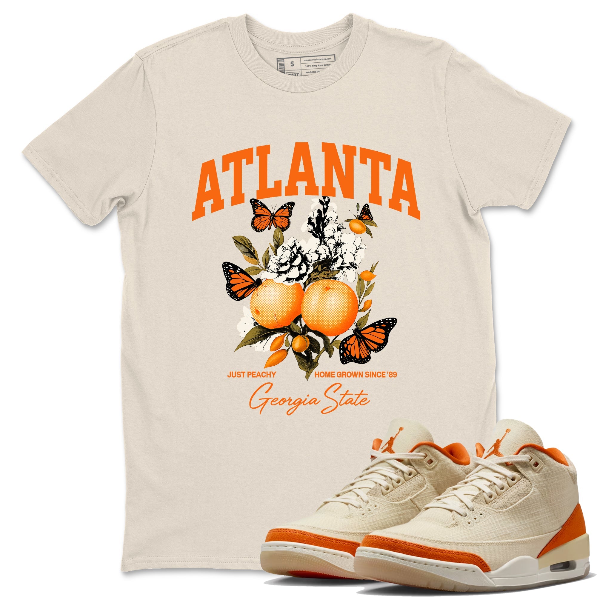 Georgia Peach sneaker match t-shirt styled to complete your fit with the Air Jordan 3 Starfish sneakers, shown in Natural 1.