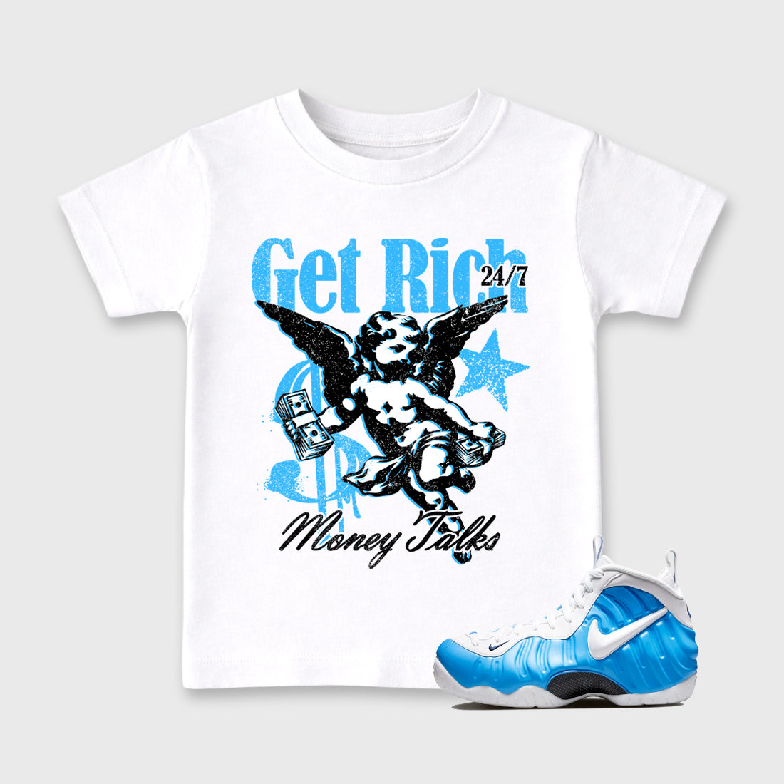 Sneaker match tees – Sneaker Tees To Match Air Foamposite Pro University Blue Shoes – Get Rich Kids T-Shirt White 1