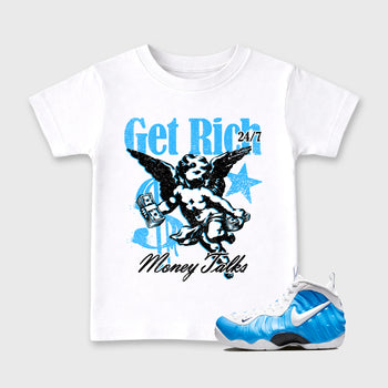 Sneaker match tees – Sneaker Tees To Match Air Foamposite Pro University Blue Shoes – Get Rich Kids T-Shirt White 1