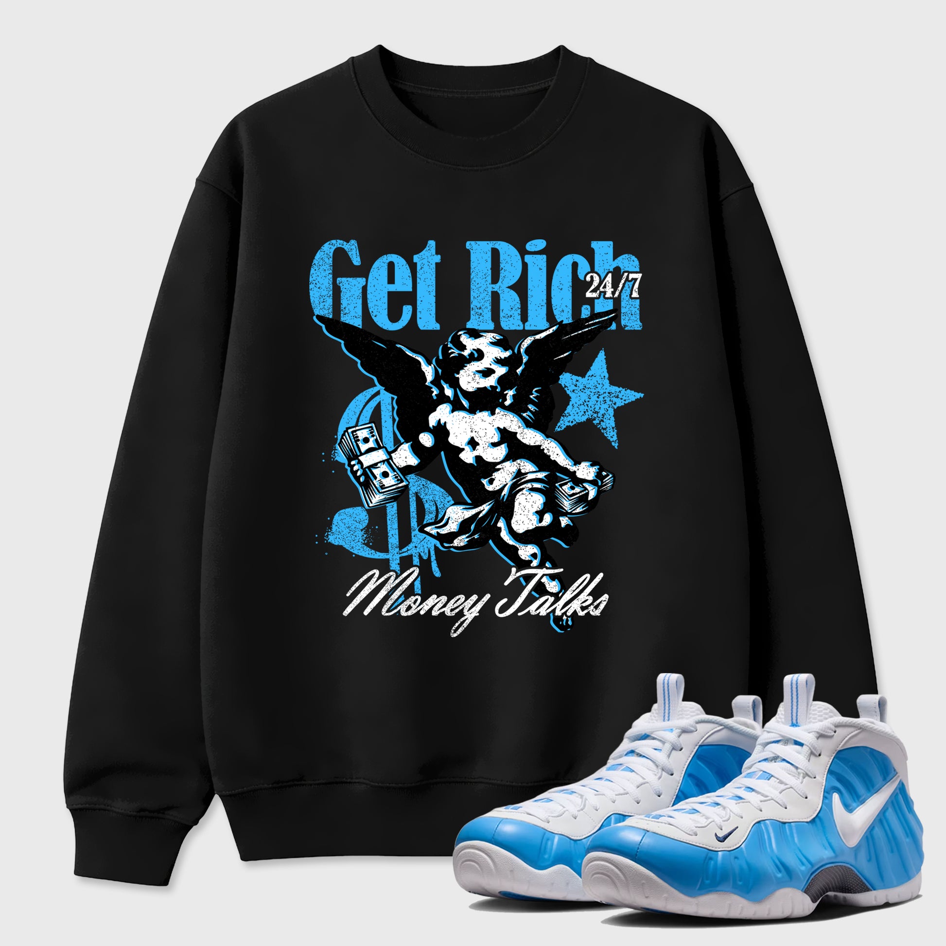 Sneaker match tees – Sneaker Tees To Match Air Foamposite Pro University Blue Shoes – Get Rich Tee Black 1