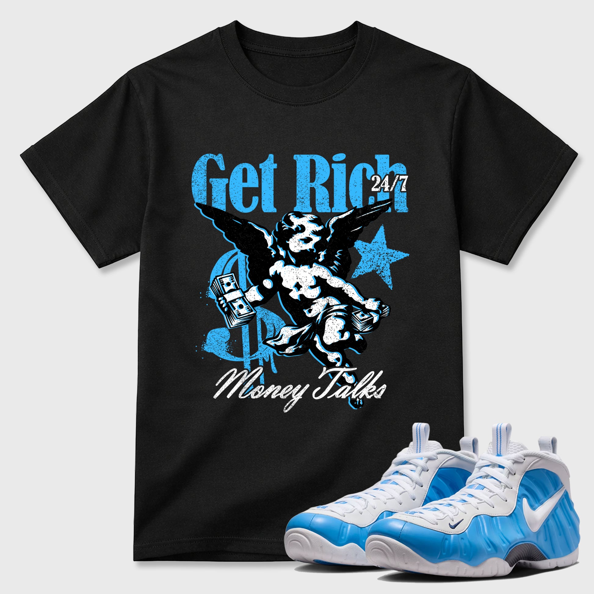 Sneaker match tees – Sneaker Tees To Match Air Foamposite Pro University Blue Shoes – Get Rich Tee Black 1