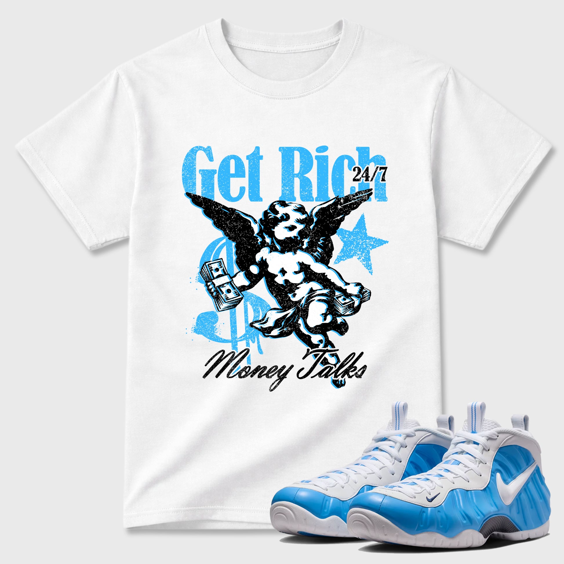 Sneaker match tees – Sneaker Tees To Match Air Foamposite Pro University Blue Shoes – Get Rich Tee White 1