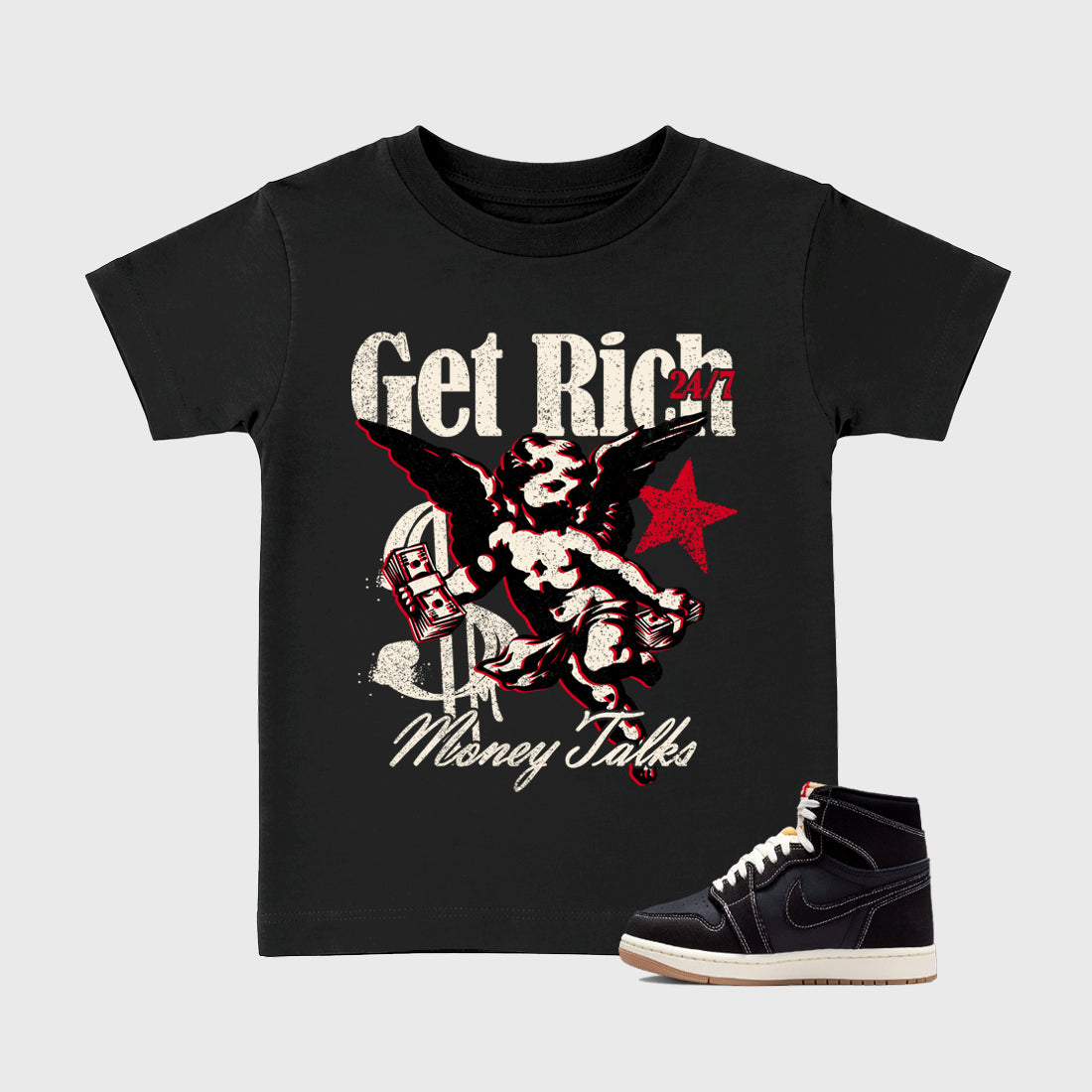 Sneaker match tees – Sneaker Tees To Match Air Jordan 1 Flight Club Shoes – Get Rich Kids T-Shirt Black 1