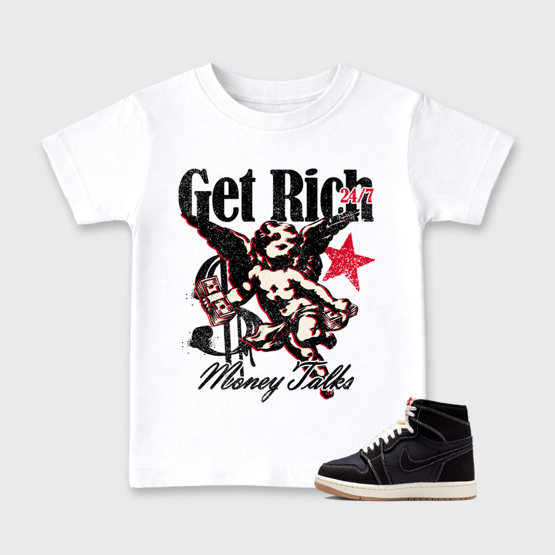 Sneaker match tees – Sneaker Tees To Match Air Jordan 1 Flight Club Shoes – Get Rich Kids T-Shirt White 1