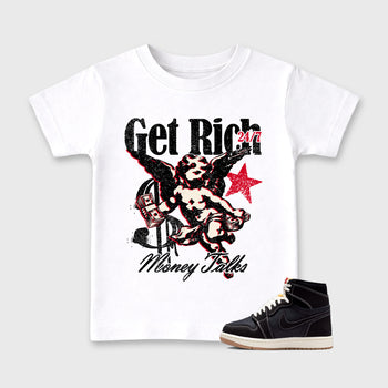 Sneaker match tees – Sneaker Tees To Match Air Jordan 1 Flight Club Shoes – Get Rich Kids T-Shirt White 1