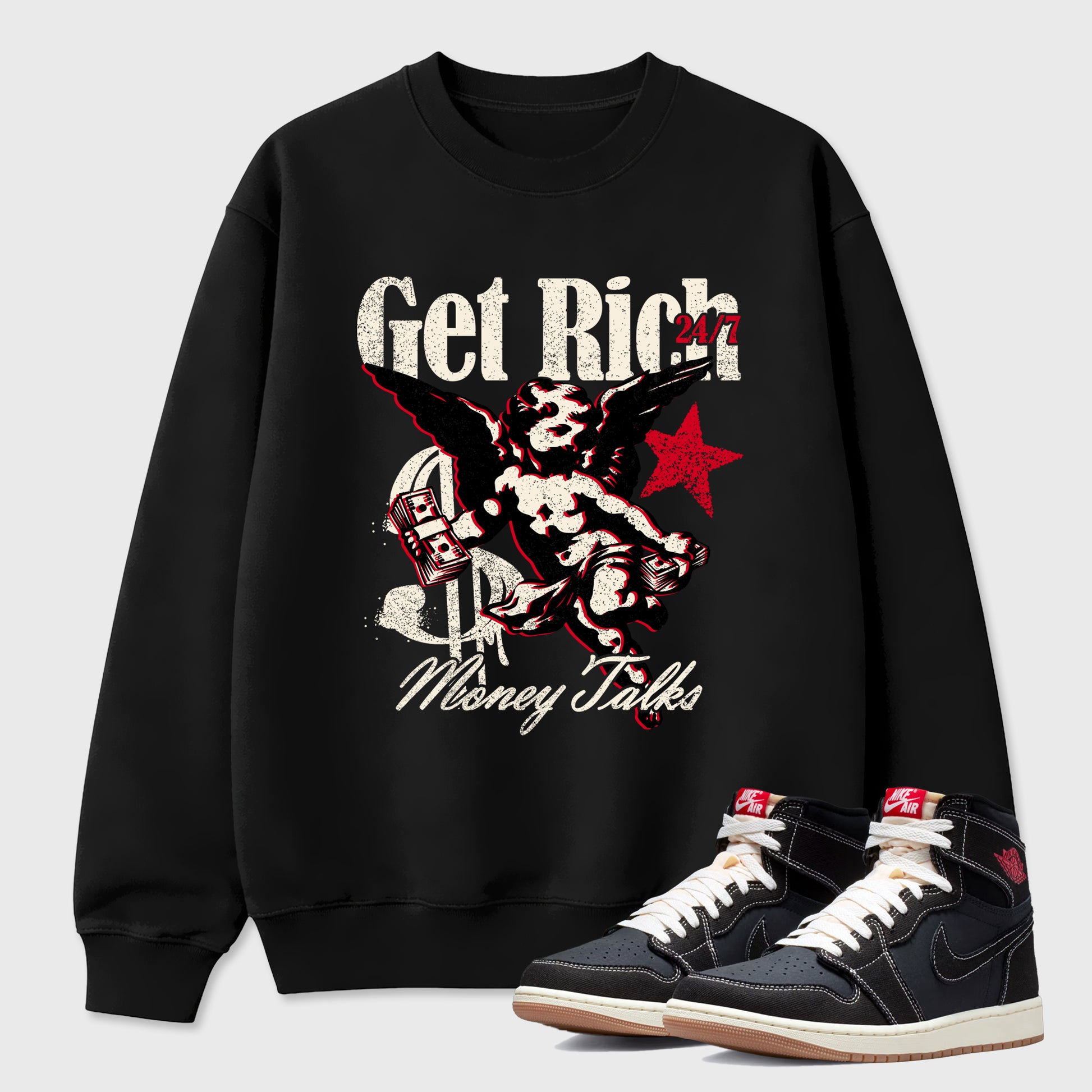 Sneaker match tees – Sneaker Tees To Match Air Jordan 1 Flight Club Shoes – Get Rich Tee Black 1