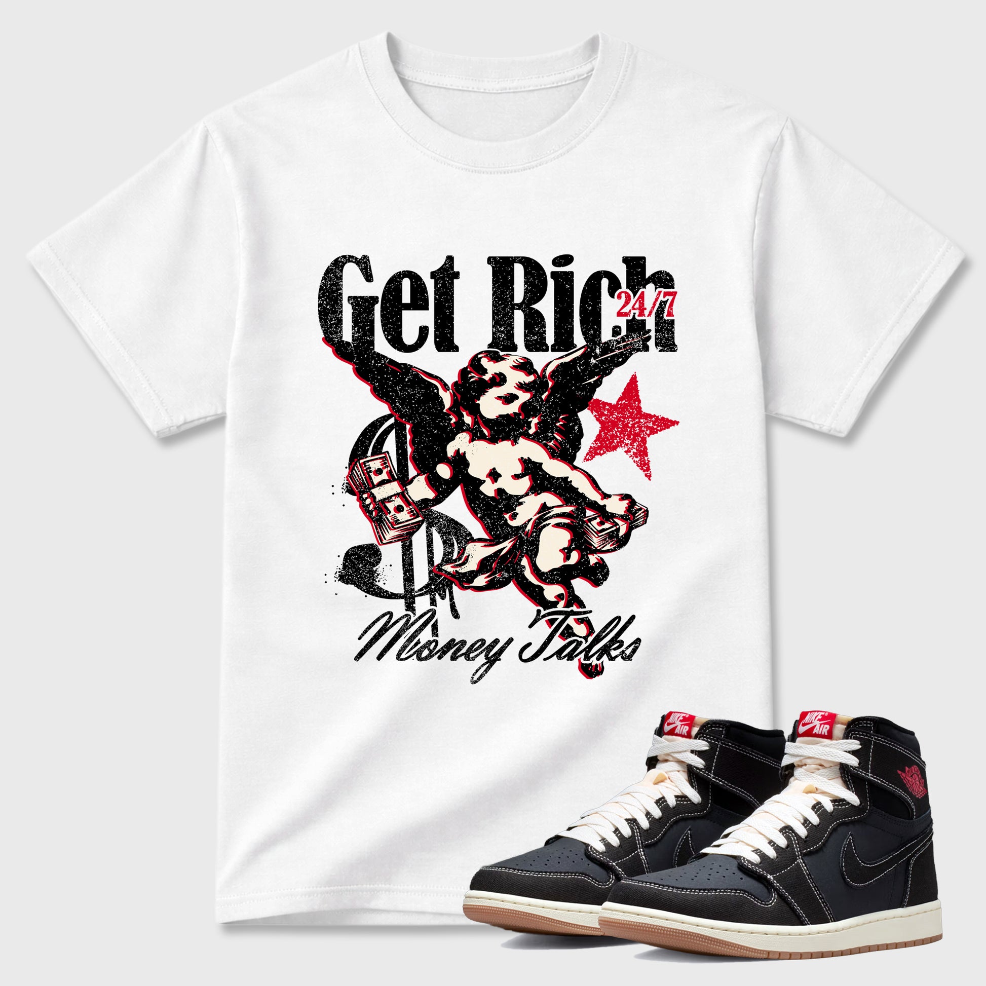 Sneaker match tees – Sneaker Tees To Match Air Jordan 1 Flight Club Shoes – Get Rich Tee White 1