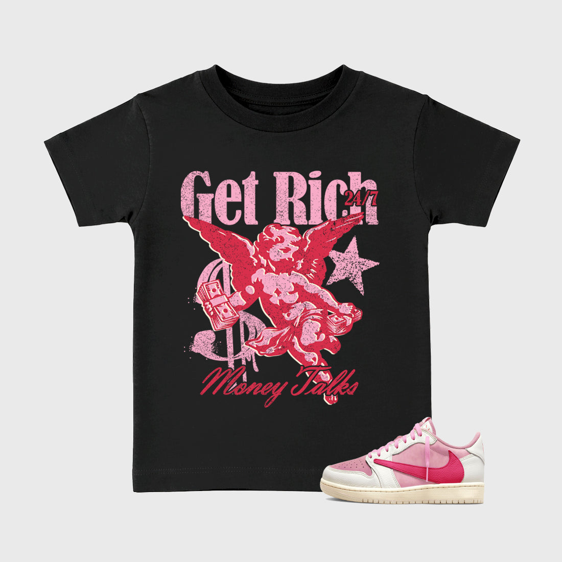 Perfect Sneakerhead Fashion Outfits – Sneaker Tees To Match Air Jordan 1 Low OG x Travis Scott Tropical Pink Shoes – Get Rich Kids Graphic T-Shirt Black 1