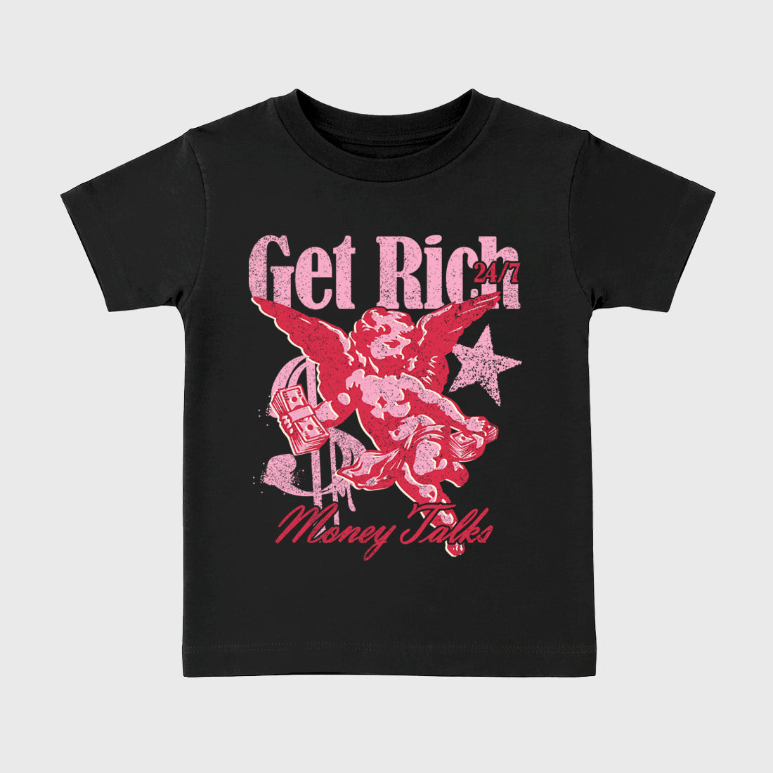 Perfect Sneakerhead Fashion Outfits – Sneaker Tees To Match Air Jordan 1 Low OG x Travis Scott Tropical Pink Shoes – Get Rich Kids Graphic T-Shirt Black 2
