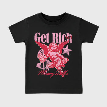 Perfect Sneakerhead Fashion Outfits – Sneaker Tees To Match Air Jordan 1 Low OG x Travis Scott Tropical Pink Shoes – Get Rich Kids Graphic T-Shirt Black 2