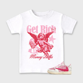 Perfect Sneakerhead Fashion Outfits – Sneaker Tees To Match Air Jordan 1 Low OG x Travis Scott Tropical Pink Shoes – Get Rich Kids Graphic T-Shirt White 1