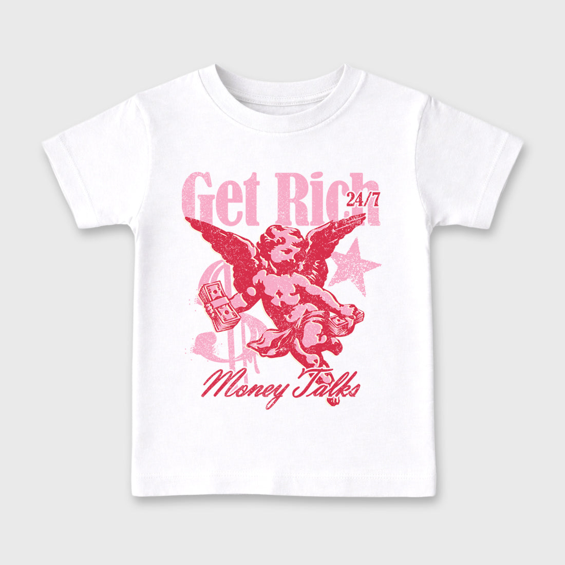 Perfect Sneakerhead Fashion Outfits – Sneaker Tees To Match Air Jordan 1 Low OG x Travis Scott Tropical Pink Shoes – Get Rich Kids Graphic T-Shirt White 2