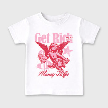 Perfect Sneakerhead Fashion Outfits – Sneaker Tees To Match Air Jordan 1 Low OG x Travis Scott Tropical Pink Shoes – Get Rich Kids Graphic T-Shirt White 2
