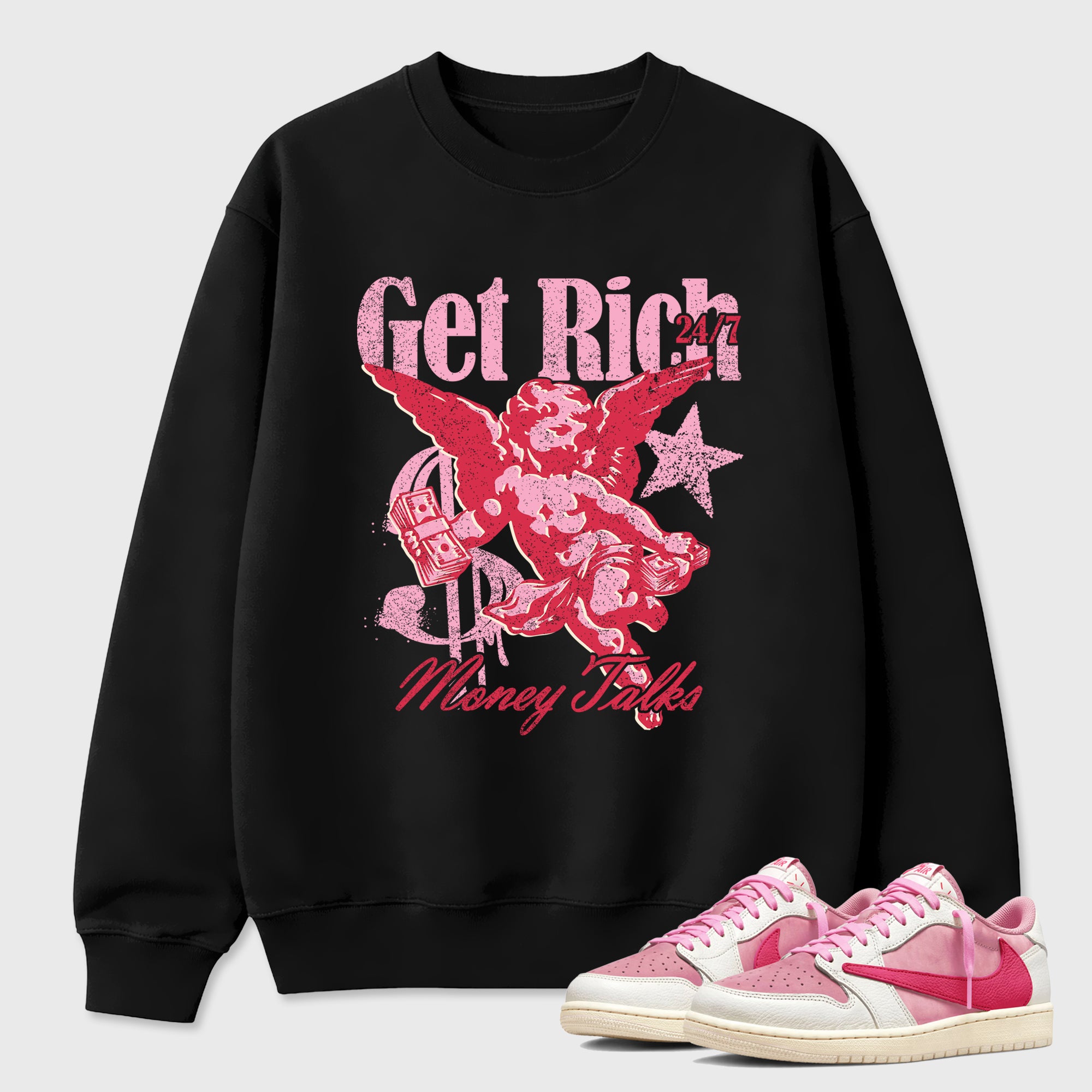 Perfect Sneakerhead Fashion Outfits – Sneaker Tees To Match Air Jordan 1 Low OG x Travis Scott Tropical Pink Shoes – Get Rich Graphic Tee Black 1