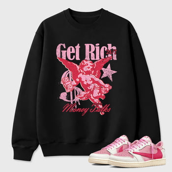 Perfect Sneakerhead Fashion Outfits – Sneaker Tees To Match Air Jordan 1 Low OG x Travis Scott Tropical Pink Shoes – Get Rich Graphic Tee Black 1