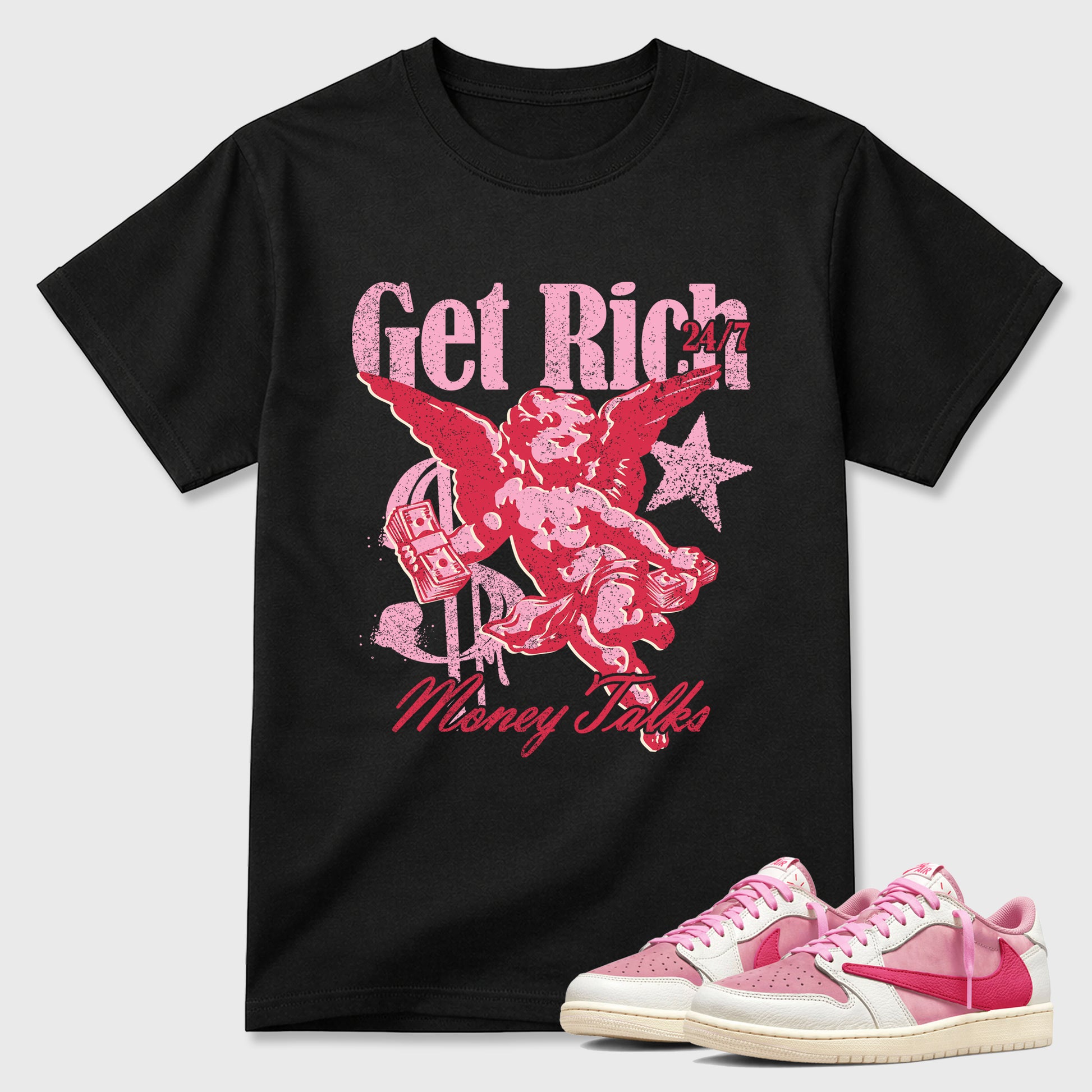 Perfect Sneakerhead Fashion Outfits – Sneaker Tees To Match Air Jordan 1 Low OG x Travis Scott Tropical Pink Shoes – Get Rich Graphic Tee Black 1