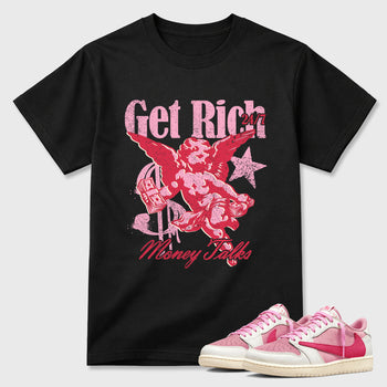 Perfect Sneakerhead Fashion Outfits – Sneaker Tees To Match Air Jordan 1 Low OG x Travis Scott Tropical Pink Shoes – Get Rich Graphic Tee Black 1