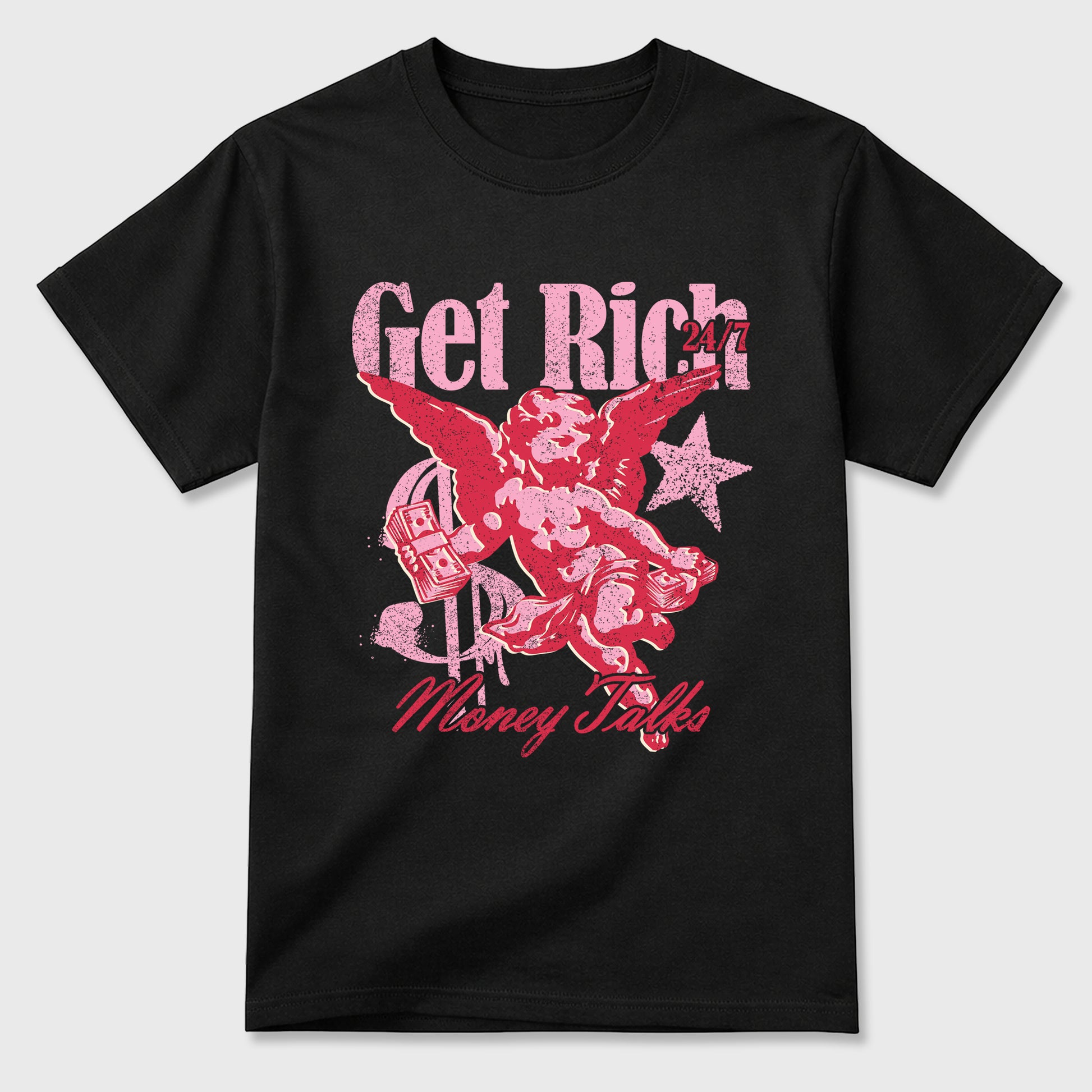 Perfect Sneakerhead Fashion Outfits – Sneaker Tees To Match Air Jordan 1 Low OG x Travis Scott Tropical Pink Shoes – Get Rich Graphic Tee Black 2