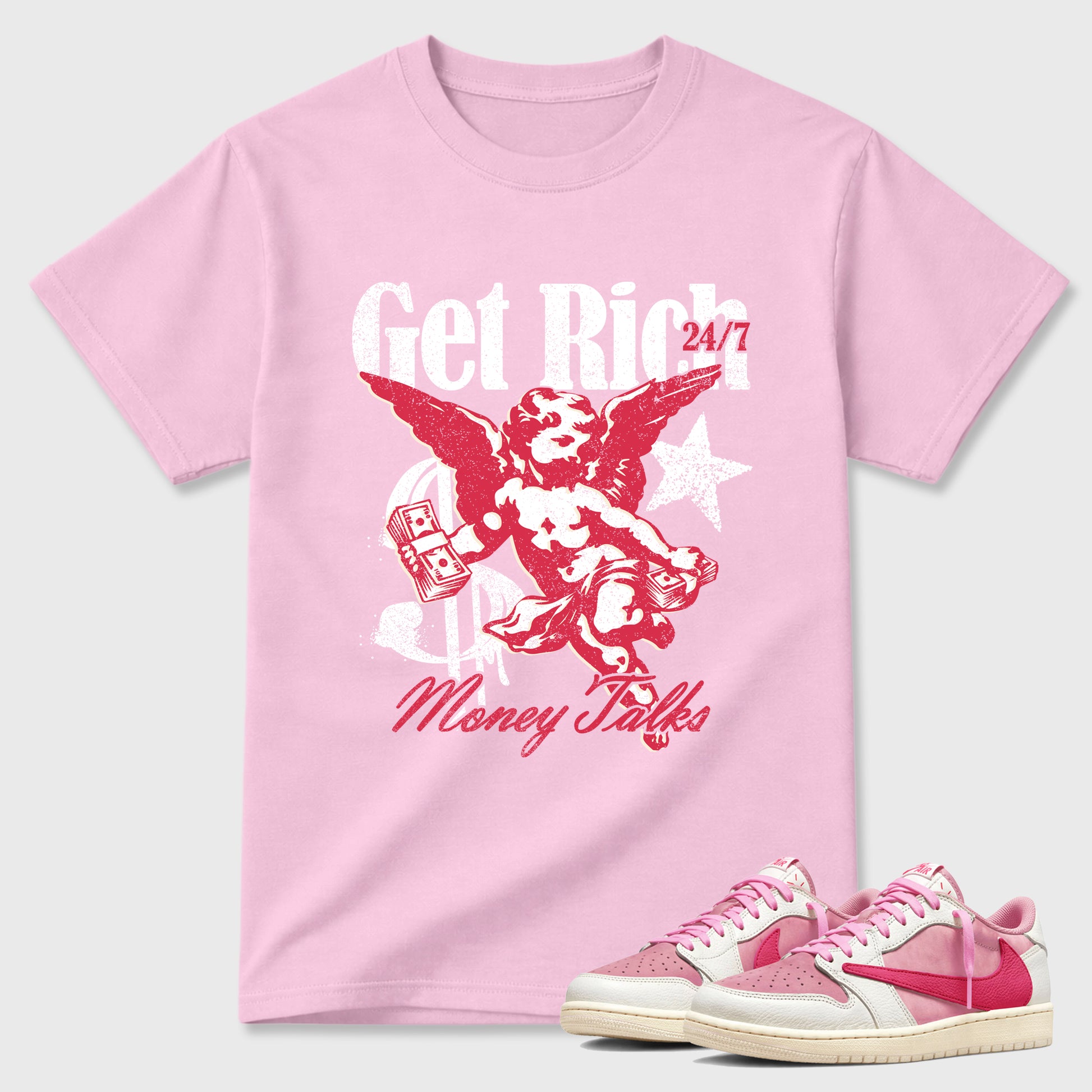 Perfect Sneakerhead Fashion Outfits – Sneaker Tees To Match Air Jordan 1 Low OG x Travis Scott Tropical Pink Shoes – Get Rich Graphic Tee Pink 1