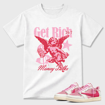 Perfect Sneakerhead Fashion Outfits – Sneaker Tees To Match Air Jordan 1 Low OG x Travis Scott Tropical Pink Shoes – Get Rich Graphic Tee White 1