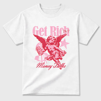 Perfect Sneakerhead Fashion Outfits – Sneaker Tees To Match Air Jordan 1 Low OG x Travis Scott Tropical Pink Shoes – Get Rich Graphic Tee White 2