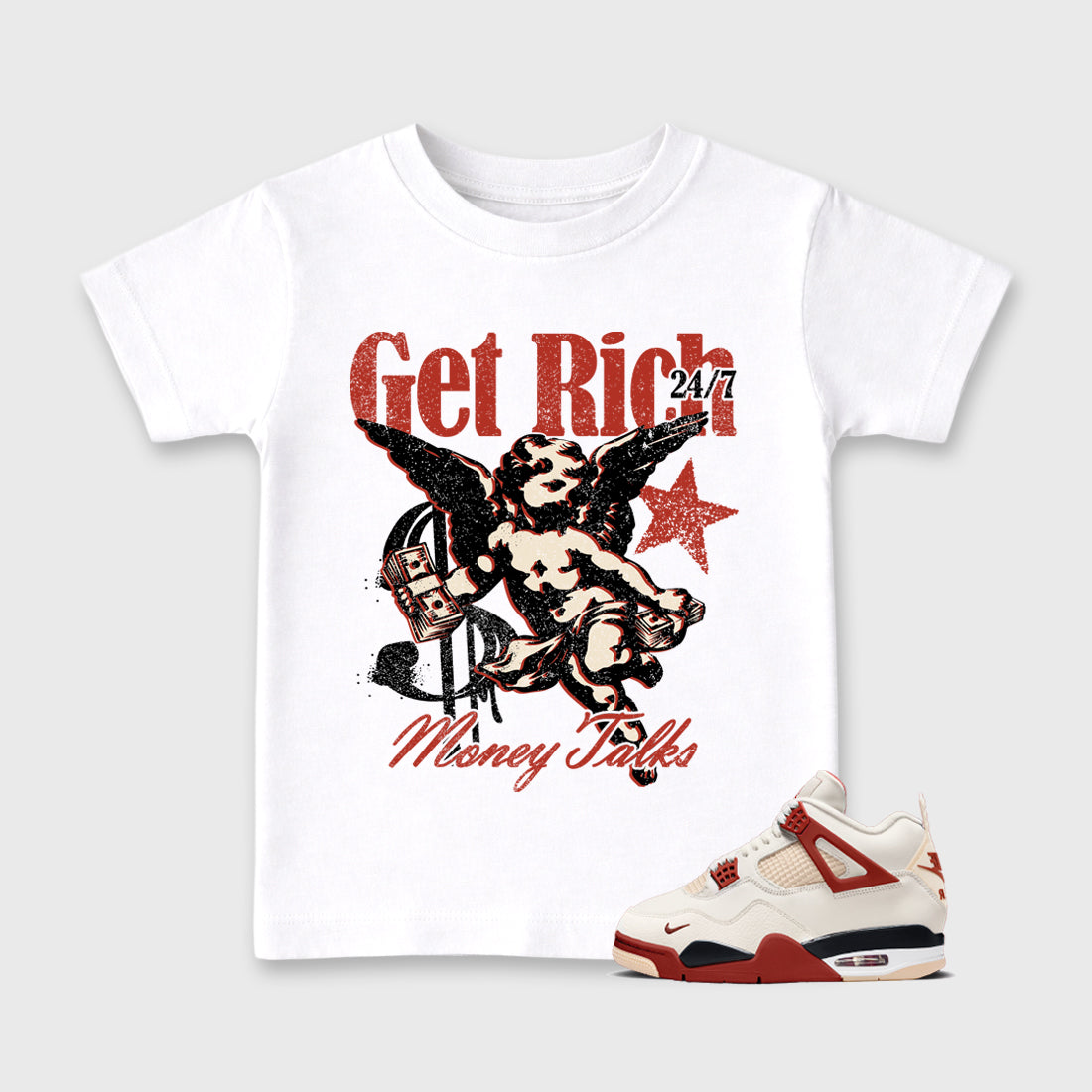 Sneaker match tees – Sneaker Tees To Match Air Jordan 4 Brick After Brick Shoes – Get Rich Kids T-Shirt White 1