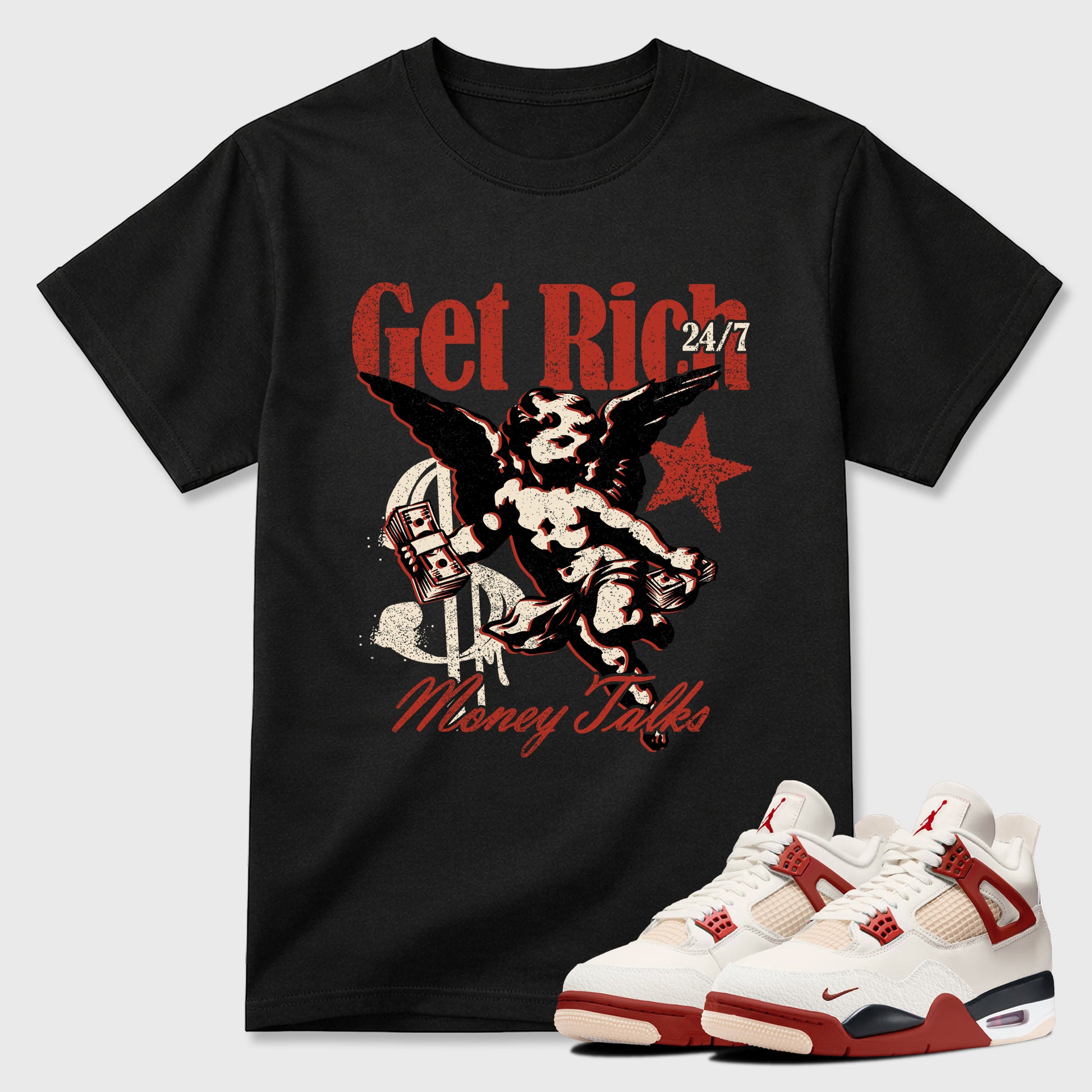 Sneaker match tees – Sneaker Tees To Match Air Jordan 4 Brick After Brick Shoes – Get Rich Tee Black 1