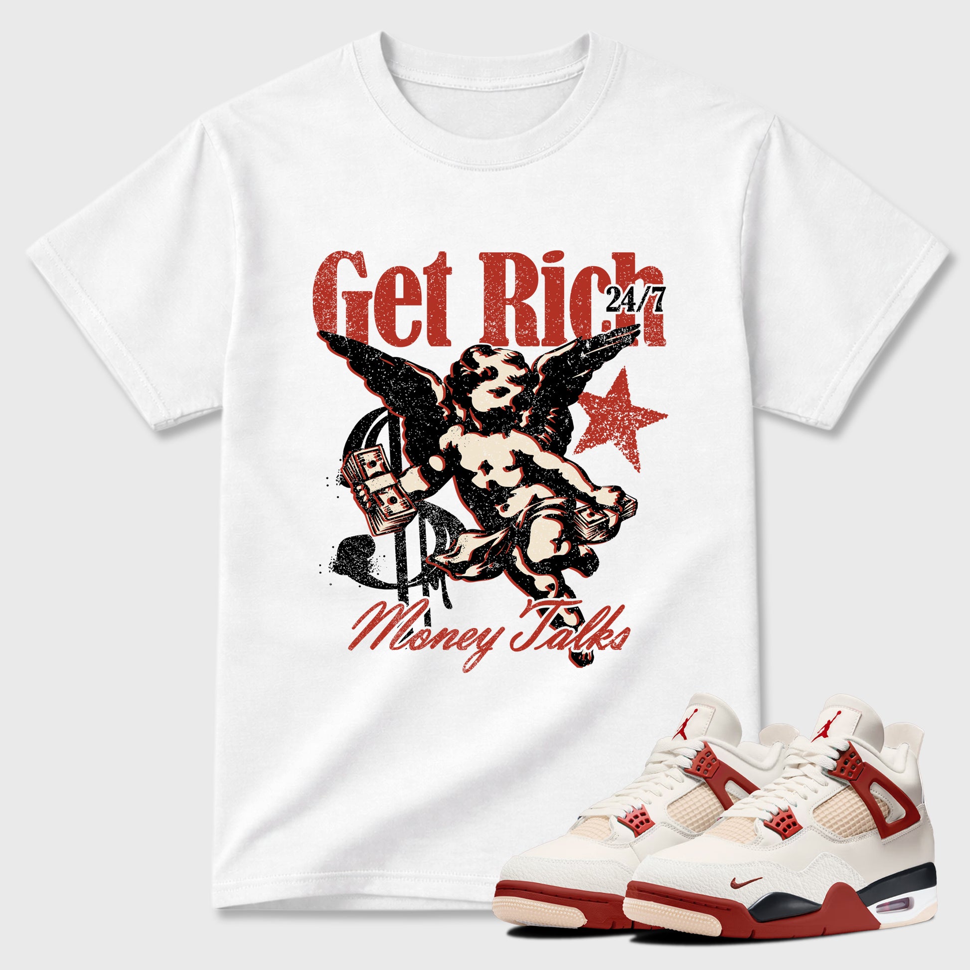 Sneaker match tees – Sneaker Tees To Match Air Jordan 4 Brick After Brick Shoes – Get Rich Tee White 1
