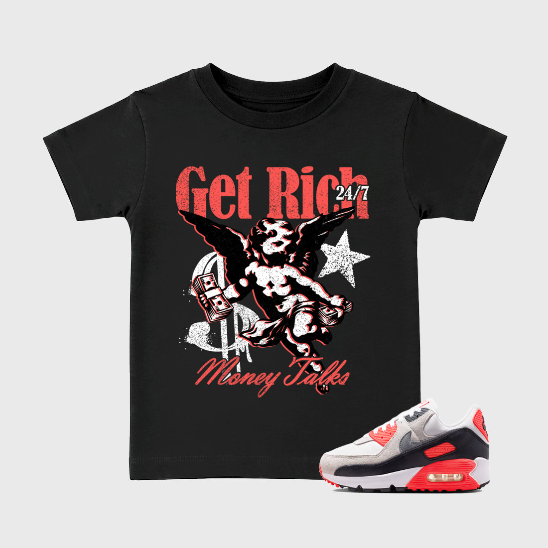 Sneaker match tees – Sneaker Tees To Match Air Max 90 Infrared Shoes – Get Rich Kids T-Shirt Black 1