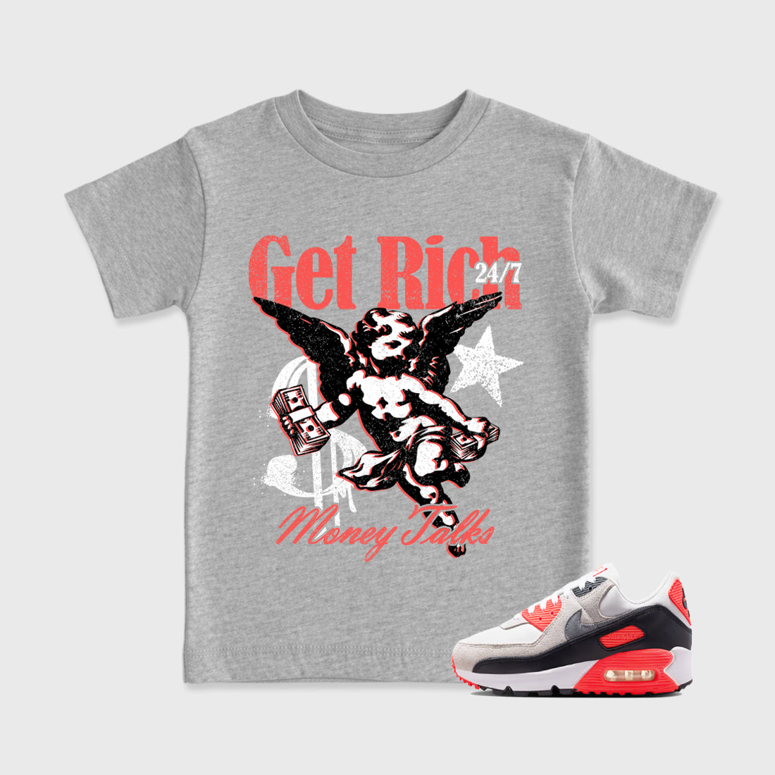 Sneaker match tees – Sneaker Tees To Match Air Max 90 Infrared Shoes – Get Rich Kids T-Shirt Heather Grey 1