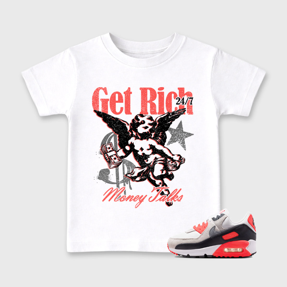 Sneaker match tees – Sneaker Tees To Match Air Max 90 Infrared Shoes – Get Rich Kids T-Shirt White 1