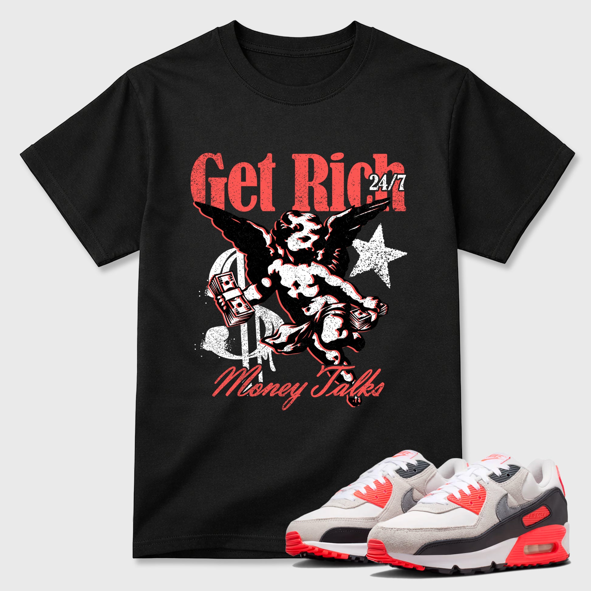 Sneaker match tees – Sneaker Tees To Match Air Max 90 Infrared Shoes – Get Rich Tee Black 1