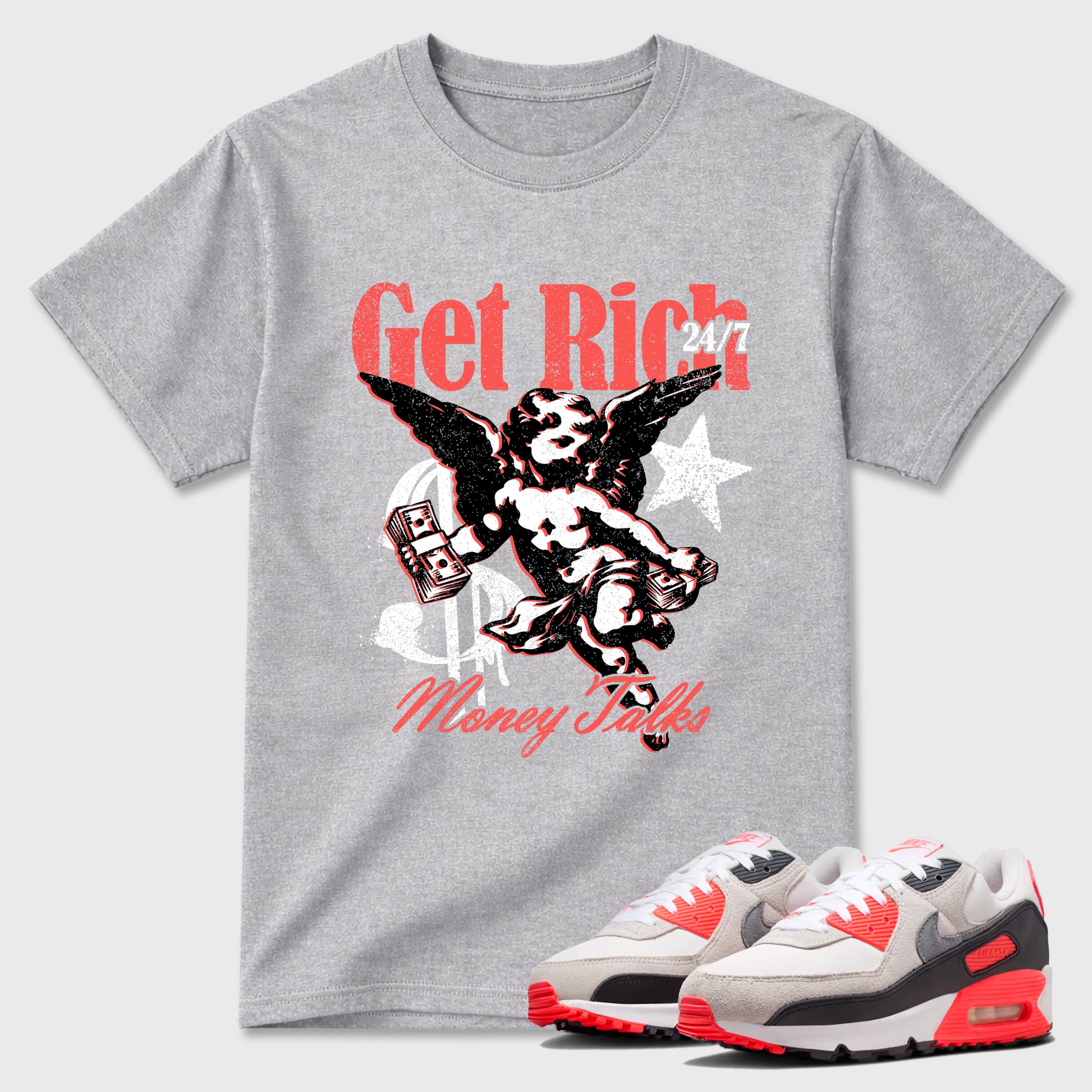 Sneaker match tees – Sneaker Tees To Match Air Max 90 Infrared Shoes – Get Rich Tee Heather Grey 1