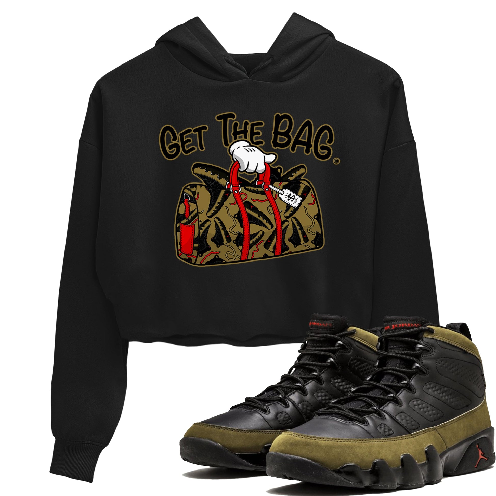 9s Olive shirts to match jordans Get The Bag sneaker match tees Air Jordan 9 Olive match shoes to clothes SNRT Sneaker Tees unisex cotton Black 1 crop tee