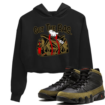 9s Olive shirts to match jordans Get The Bag sneaker match tees Air Jordan 9 Olive match shoes to clothes SNRT Sneaker Tees unisex cotton Black 1 crop tee