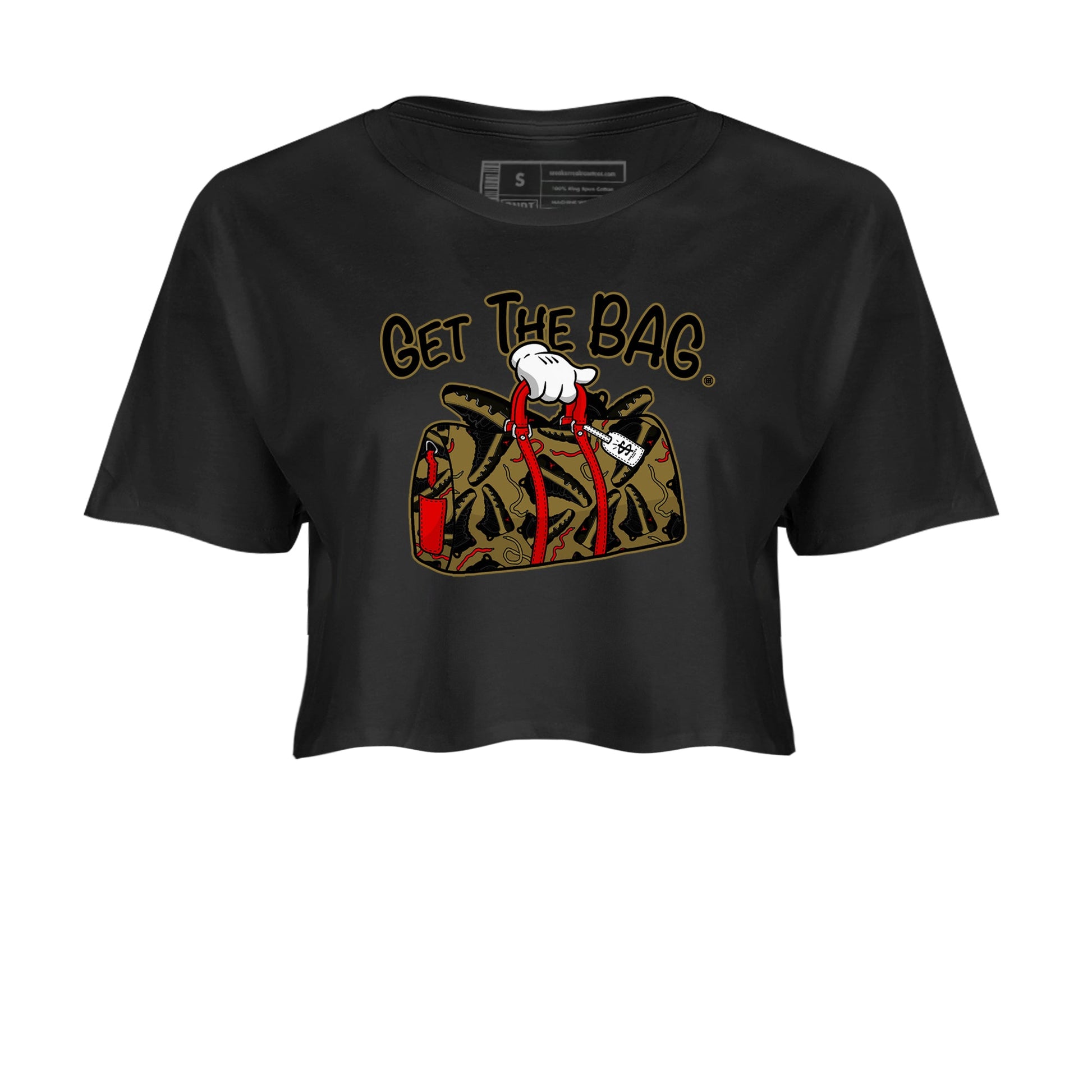 9s Olive shirts to match jordans Get The Bag sneaker match tees Air Jordan 9 Olive match shoes to clothes SNRT Sneaker Tees unisex cotton Black 2 crop tee