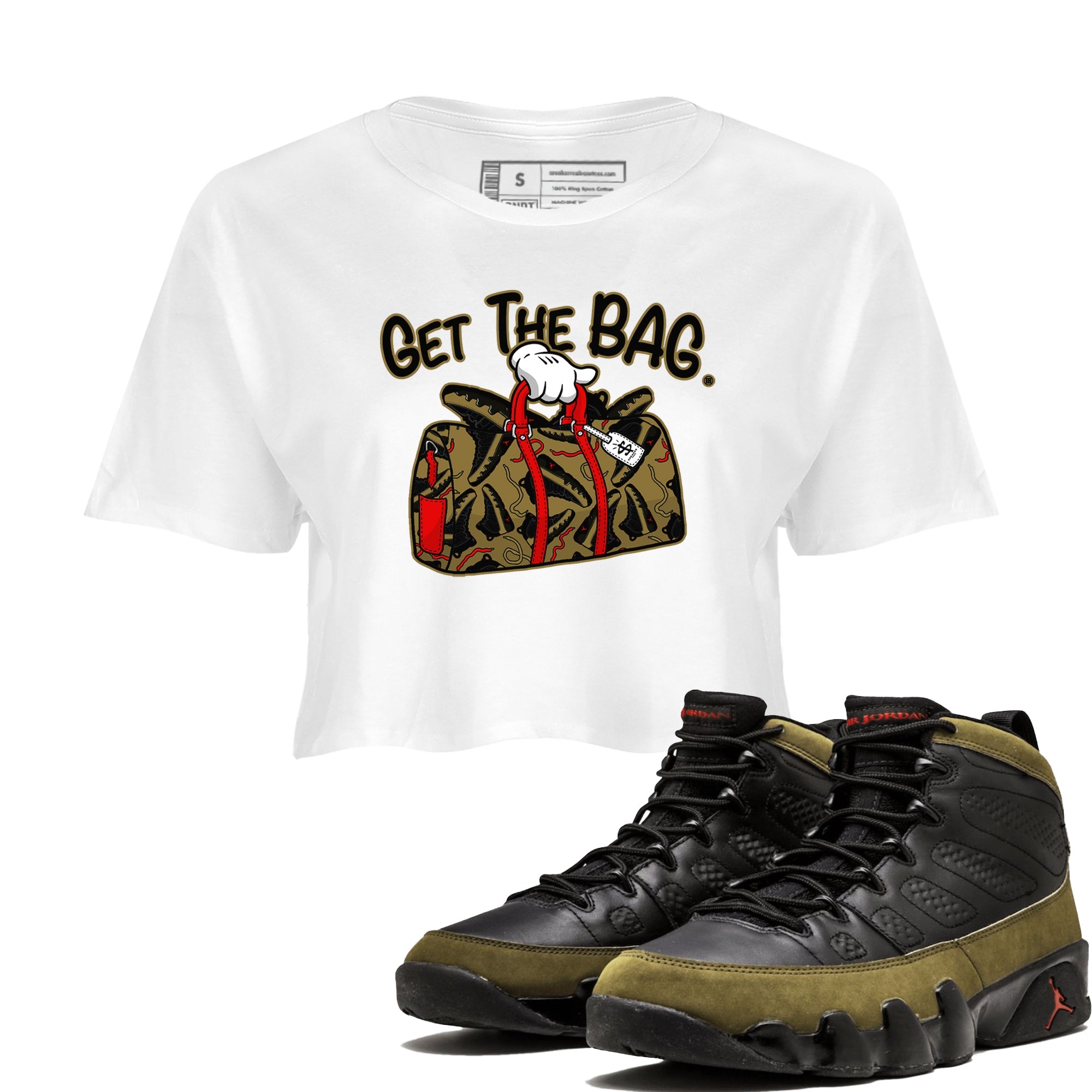 9s Olive shirts to match jordans Get The Bag sneaker match tees Air Jordan 9 Olive match shoes to clothes SNRT Sneaker Tees unisex cotton White 1 crop tee