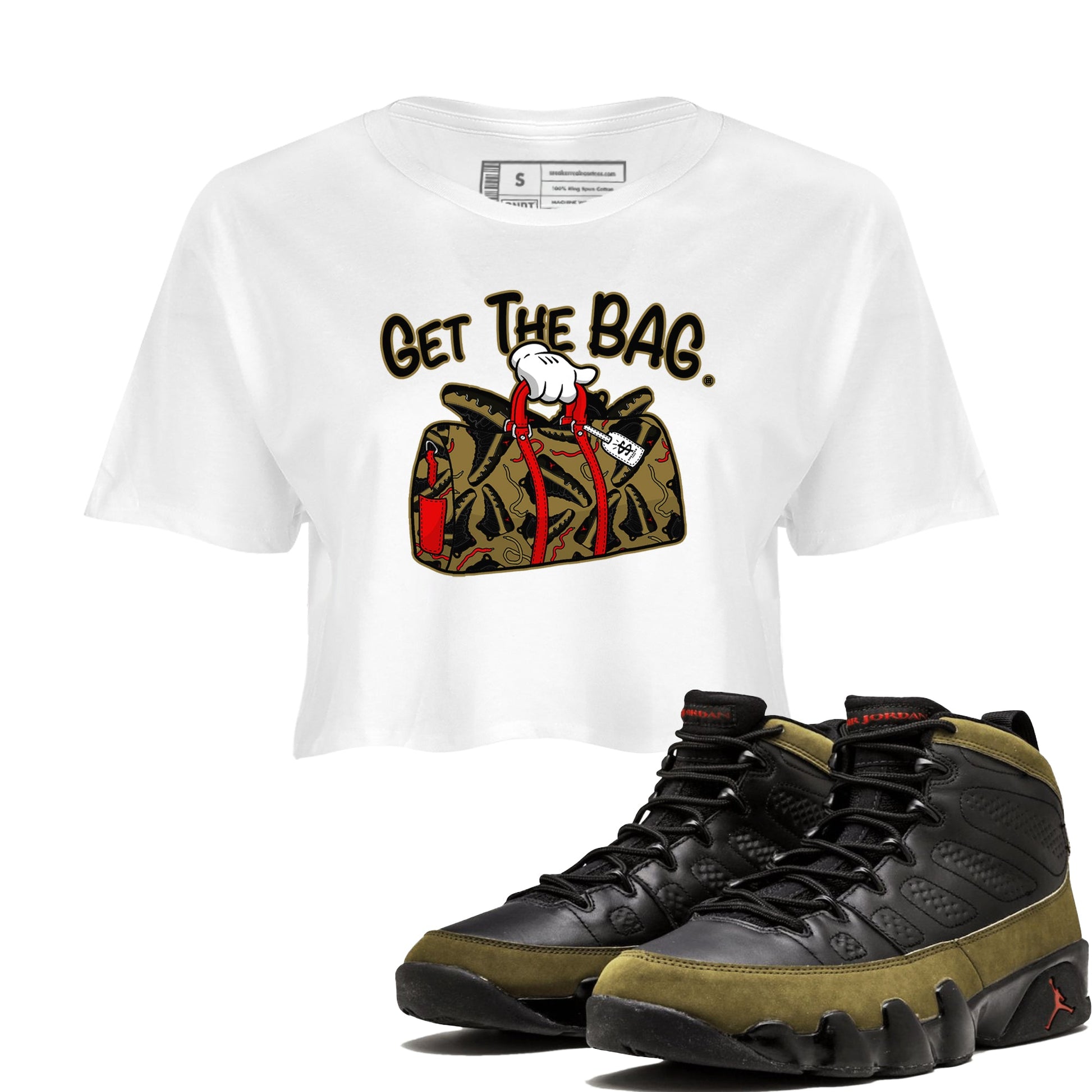 9s Olive shirts to match jordans Get The Bag sneaker match tees Air Jordan 9 Olive match shoes to clothes SNRT Sneaker Tees unisex cotton White 1 crop tee