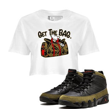 9s Olive shirts to match jordans Get The Bag sneaker match tees Air Jordan 9 Olive match shoes to clothes SNRT Sneaker Tees unisex cotton White 1 crop tee